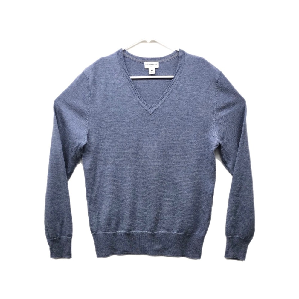 Spier & MacKay Men's M Fitted 100% Merino Wool Blue V-Neck Long Sleeve Sweater